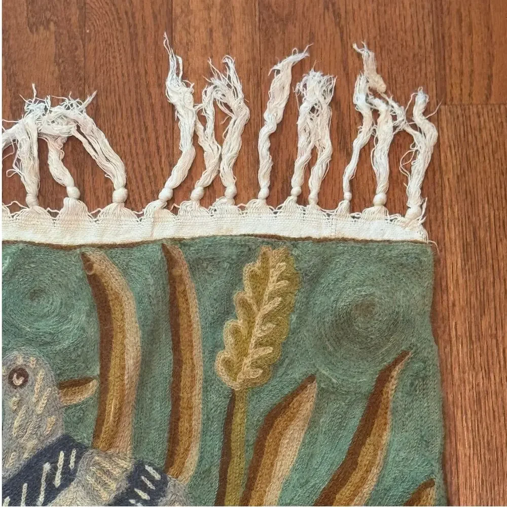 Vintage Handmade Crewel Embroidery Wildlife Bird Scene Fringed Tapestry